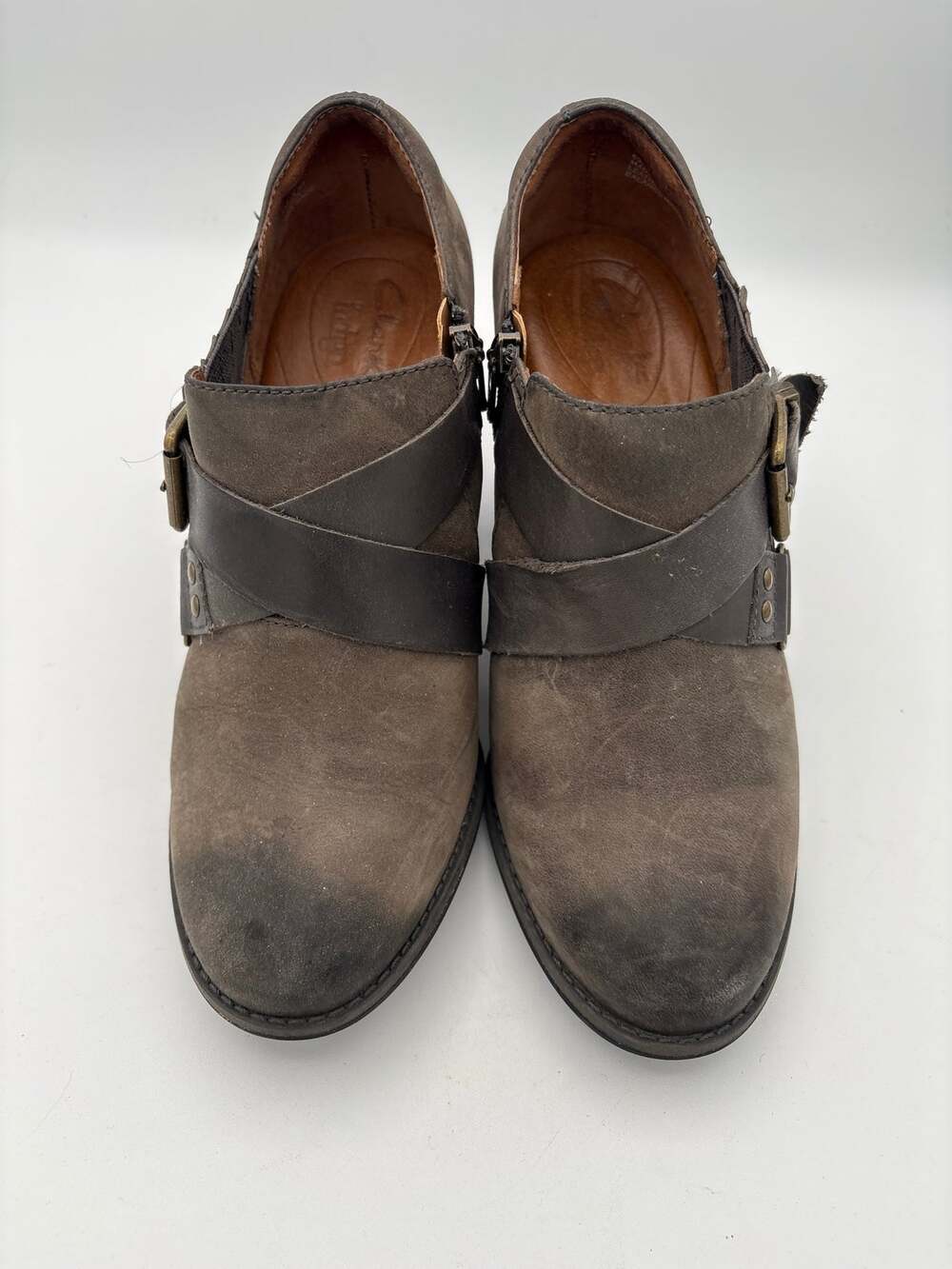 Womens Clarks Greige Ankle Boots With Buckles Side Zip 3 Inch Heel Size 7.5